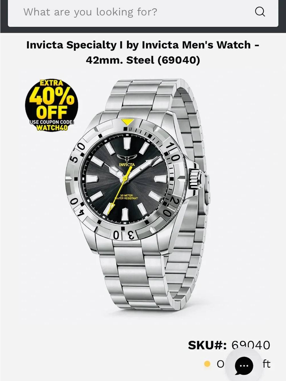Invicta Silver Bracelet Watch with Black Dial and Yellow Accent 42mm
